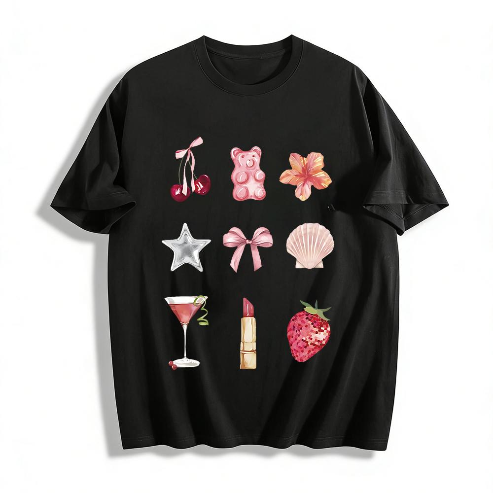 

Sweetheart Style Cherry Gummy Bear Print T-Shirt Women Summer Vacation Loose Top Pure cotton T-shirt XXS