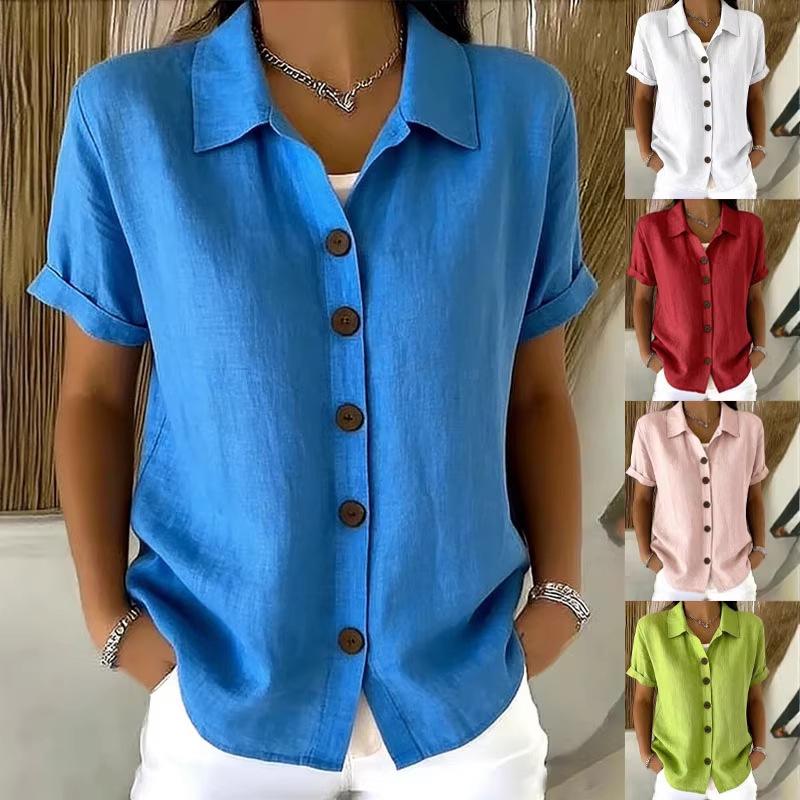 Women Blue Linen Blend Button Down Short Sleeve Casual Shirt S синий