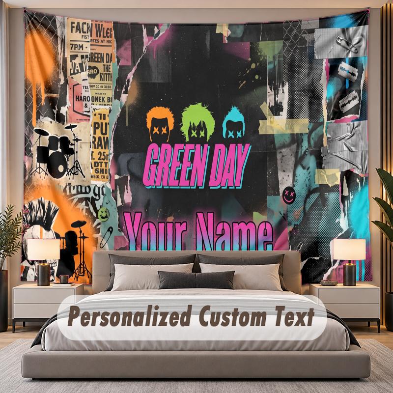 Custom Name Text Tapestry Green Day Personalized Polyester Wall Tapestry For Bedroom And Room