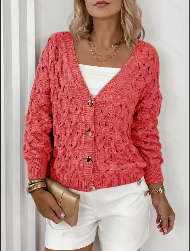 2025 Retro V-Neck Hollowed-Out Literary Sweater: European & American Style, Women's Knitted Loose Long-Sleeve Cardigan