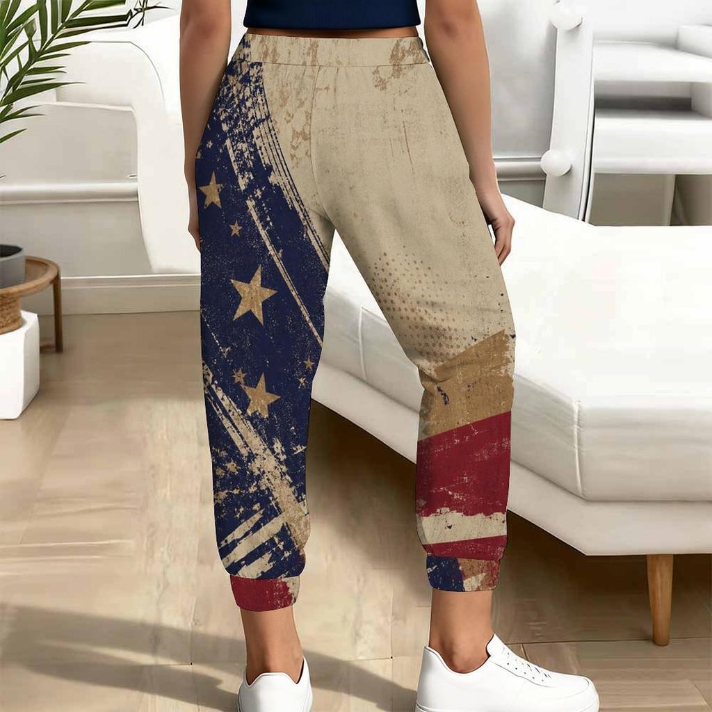 Women Plus Size American Flag Printed Jogger Pants Drawstring Waist Side Pockets Cuffed Ankle