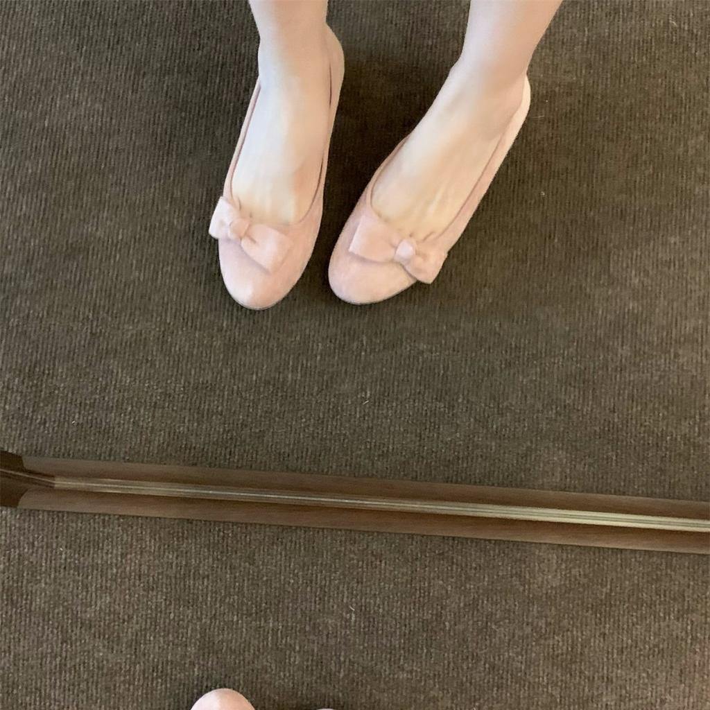 French medium and high heel pink suede single shoes women's shoes 2025 new spring and autumn bow with skirt evening shoes