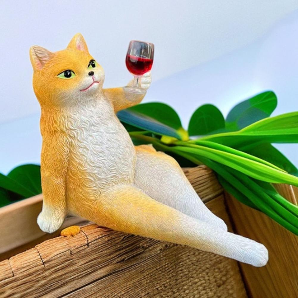Wine Drinking Cat Figurine Resin Holding Wine Glass Sitting Cat Statue Resin Sculpture Home Office Desktop Decor Ornament