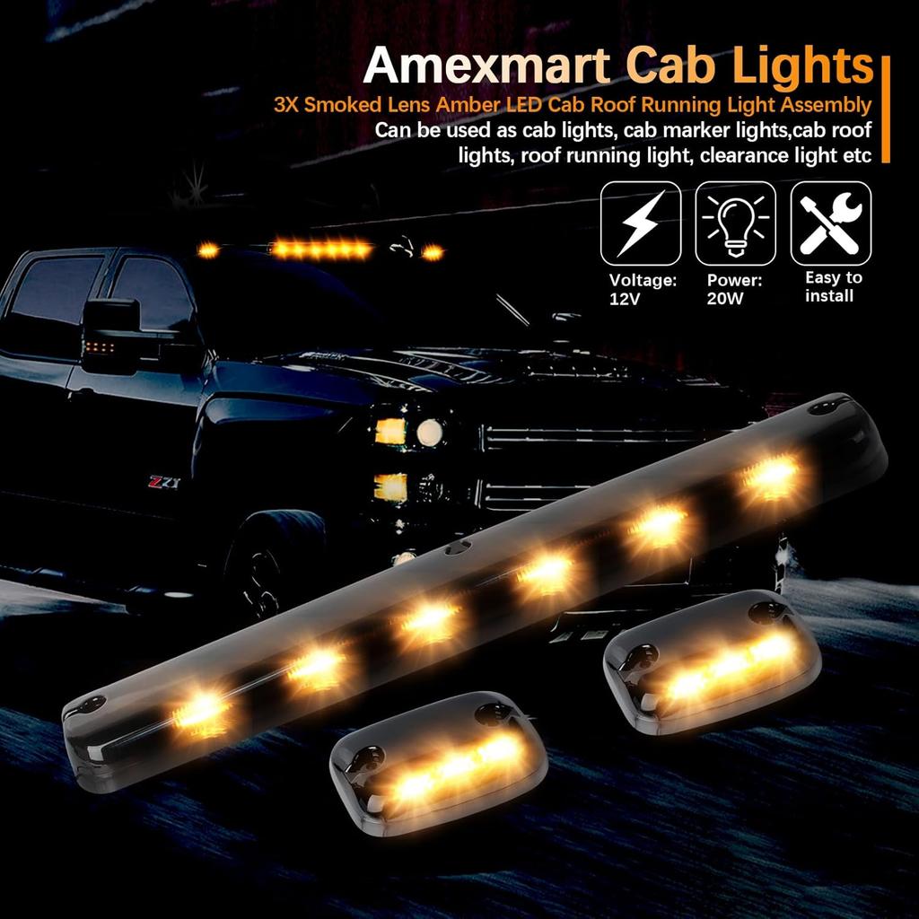 3X LED Cab Marker Lights Smoked Lens Amber Cab Top Roof Running Light Assembly Compatible with Silverado/Sierra 1500 2500 2500HD 3500 3500HD 2014