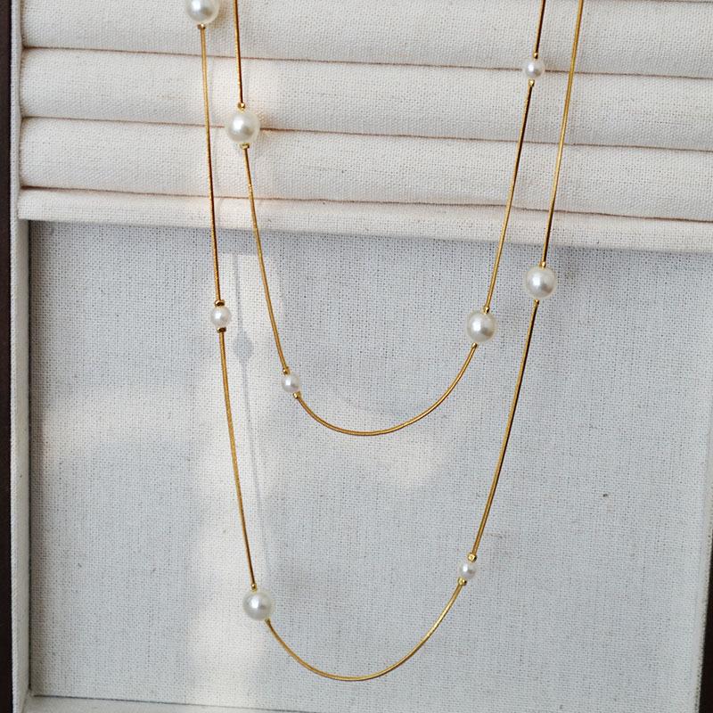 

Минималистичное японское и корейское двухслойное колье-цепочка «змейка» с жемчугом для осени/зимы