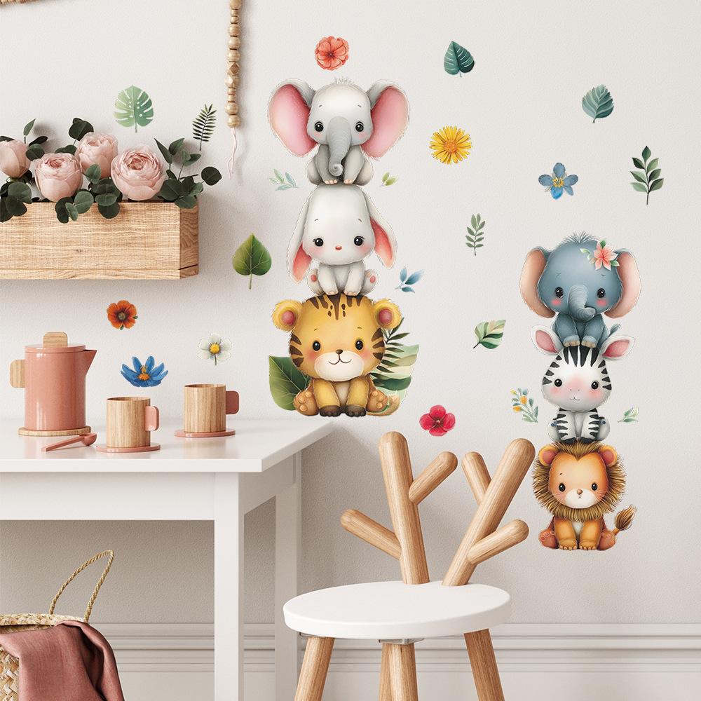 Self-adhesive Wall Stickers Cartoon Animals and Green Leaves for Kids Room Bedroom Home Decor