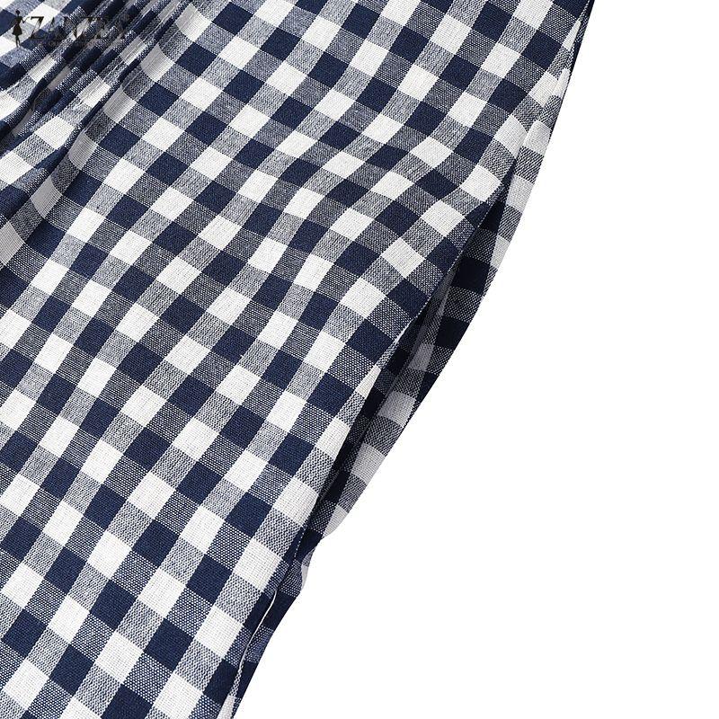 ZANZEA Women Plaid Print Casual Round Neck Short Sleeve Dress