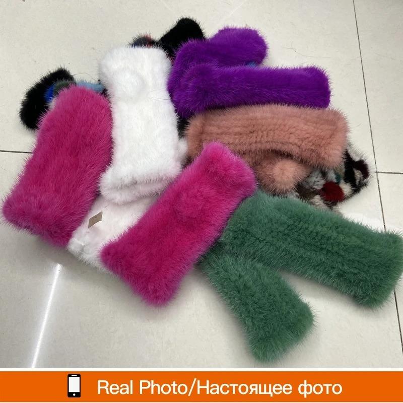 Winter Gloves for Women Natural Mink Fur Knitted Fingerless Solid Warm Elastic Gloves