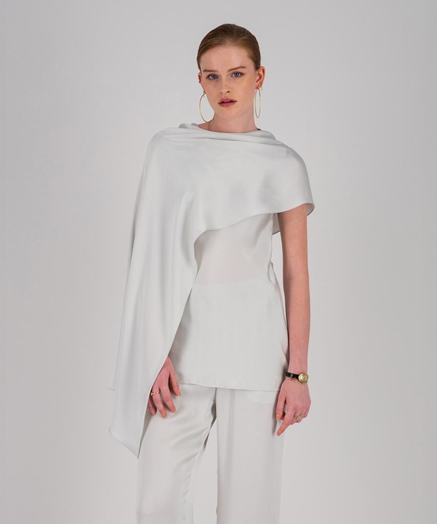HAGAHI Asymmetrical Cape Detail Blouse - Link White, Black