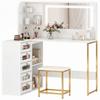 Dressing Table with LED Mirror and Stool, L-Shaped Vanity Desk with Drawers and Shelves, White