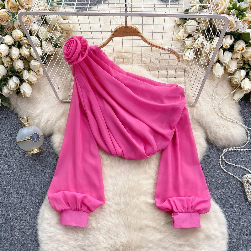 

Shirt for Women 2024 New Design Sense Three-Dimensional Flower Diagonal Collar off-the-Shoulder Puff Sleeves French Tops Women s Spring Fashion Rose Red One size