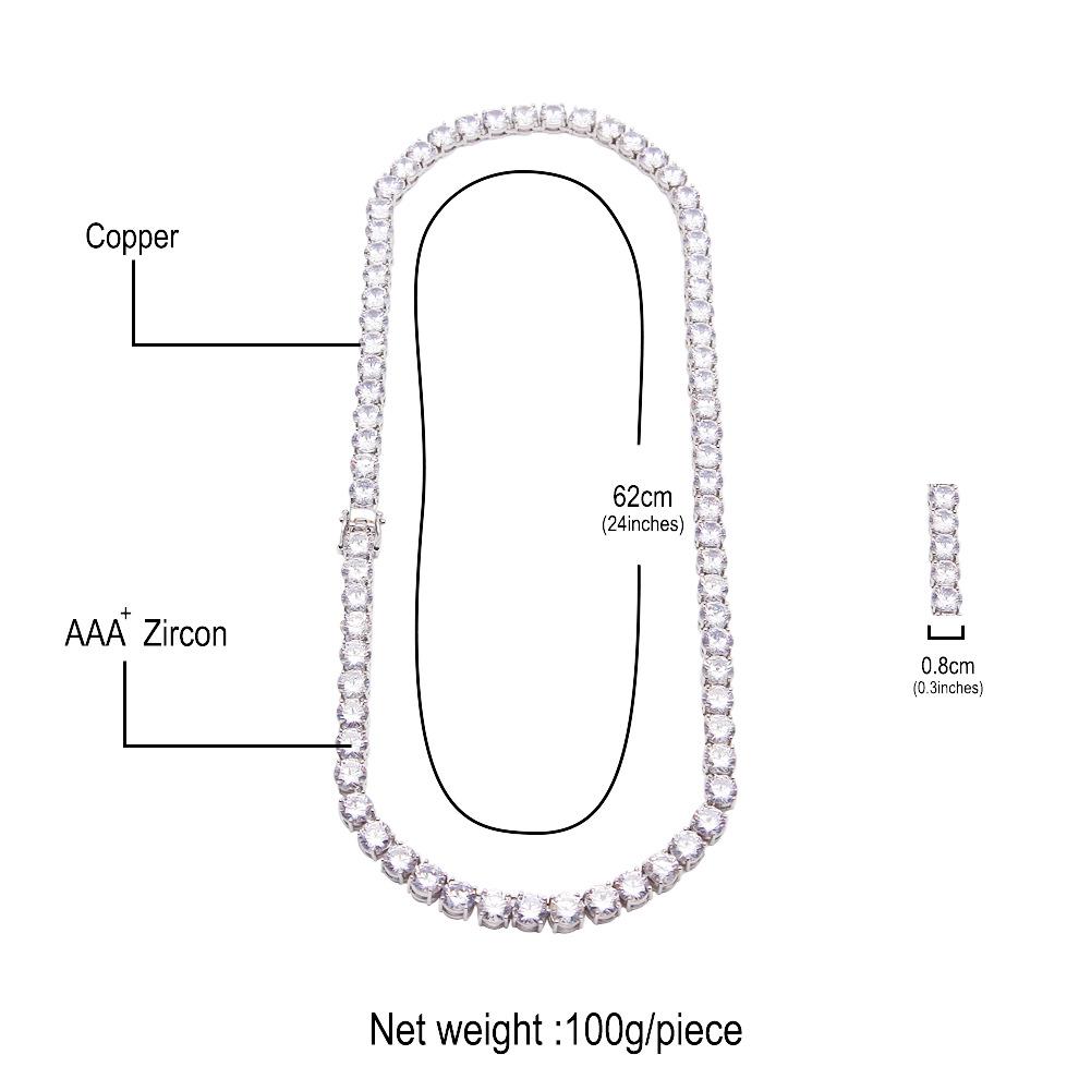 European & American Copper 8mm Zirconia Tennis Chain Necklace - Hip Hop Retro Style Jewelry