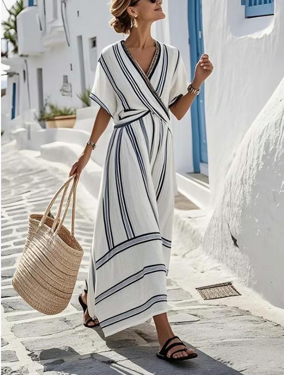 New European & American Summer V-neck Women s Ruffle Swing Dress XL