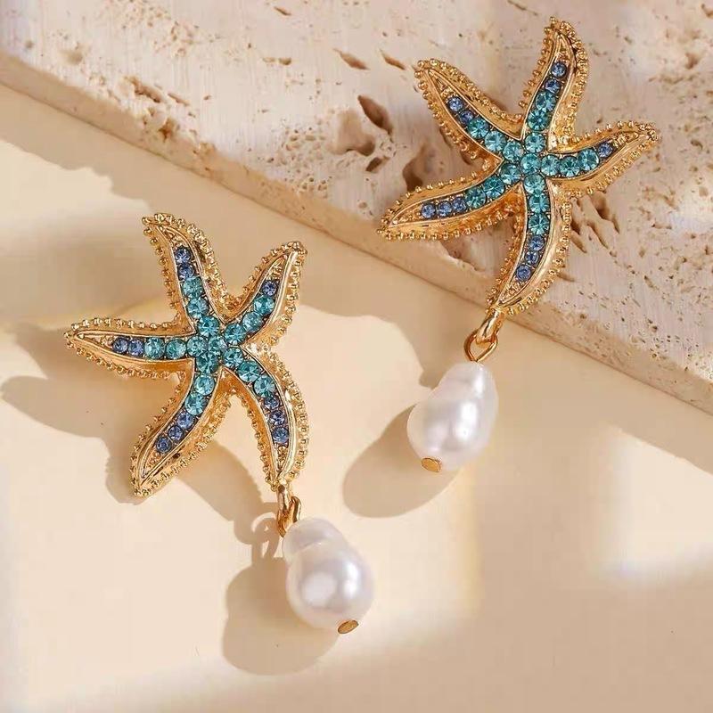 Bohemia Star Fish Earrings Drop Pearl Blue Rhinestones Dangle Earrings For Women Starfish Jewelry Summer Holiday Beach Gifts