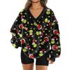 Women's Fashionable V-neck Christmas Printed Long Sleeved Casual Pullover Plush Warm Pocket Sweatshirt Top