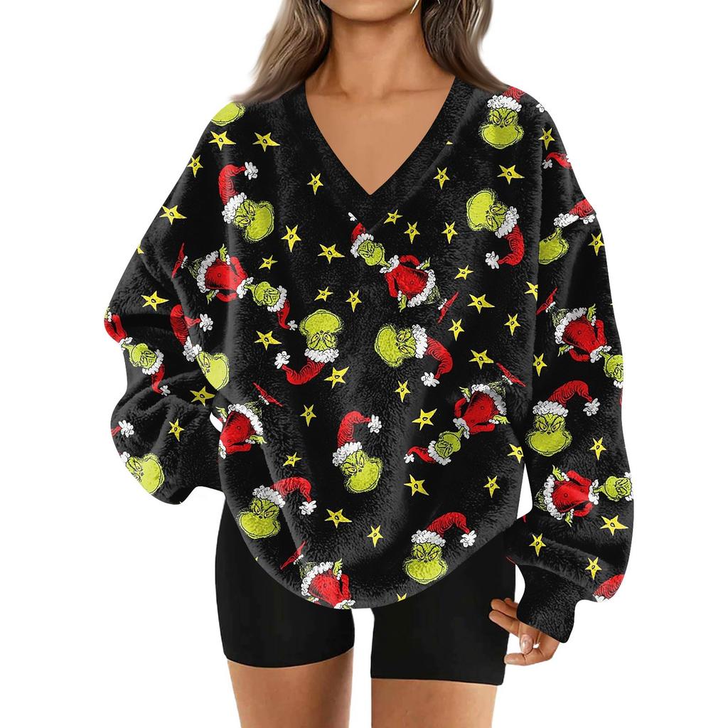 Women's Fashionable V-neck Christmas Printed Long Sleeved Casual Pullover Plush Warm Pocket Sweatshirt Top