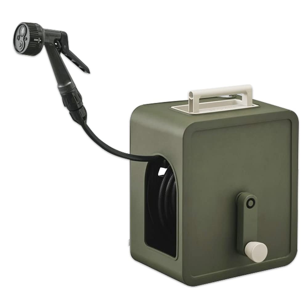 Iris Ohyama 20m Full Cover Compact Hose Reel FCH-20MP Khaki, Space-Saving, Compact, and Lightweight
