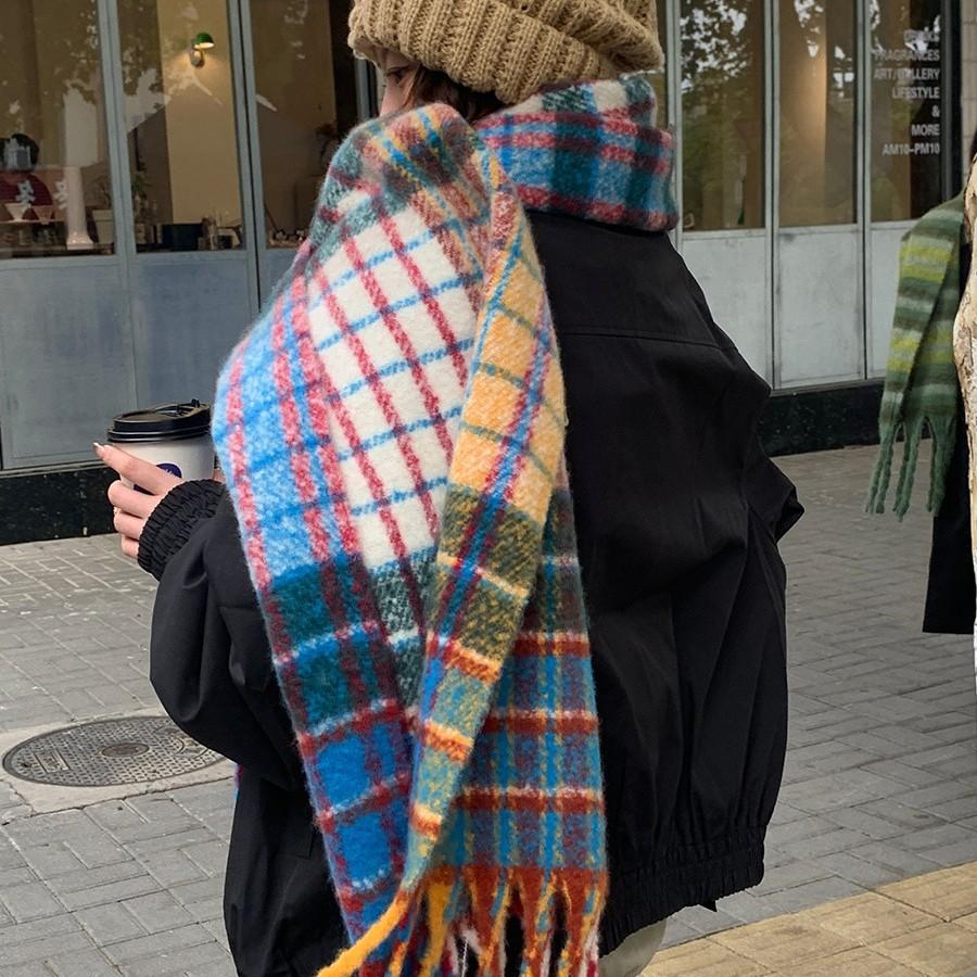 Rainbow Plaid Fringed Scarf Girls Winter New Korean Version Versatile Warm Scarf Shawl Dual-purpose Thickened