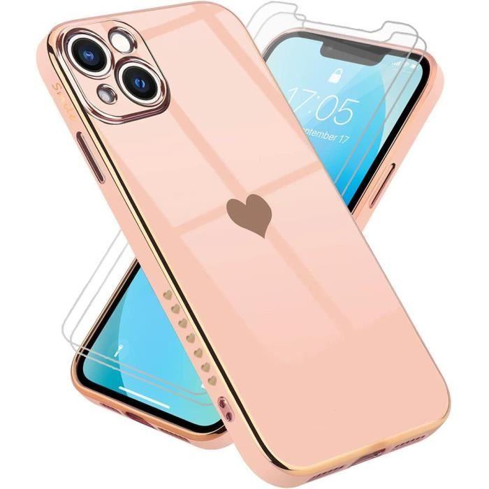Coque de Protection - PROSHOP - pour iPhone 13 - Rose - Motif coeur - Lot de 2 Verres Trempés