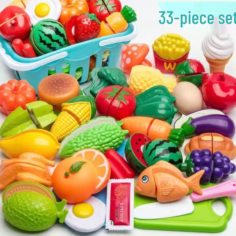 Kids' Pretend Play Kitchen Set: Fruit, Vegetables, Pizza, Cake Cutting Toy