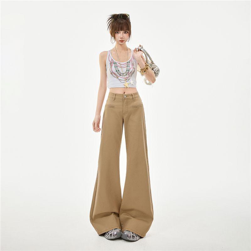 Spring Summer Coffee Soft Elastic Relax Slim Micro Flare Denim Pants For Ladies Casual Pants Oversize Denim Trousers