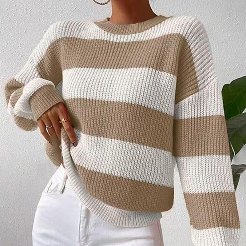 Damen S Lockerer Rundhals Langarm Gestreifter Strickpullover