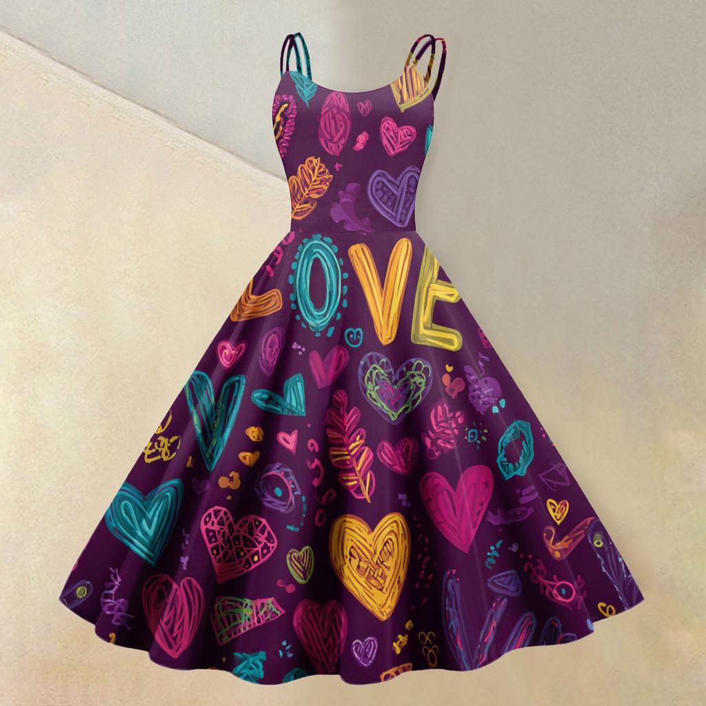 Women's Valentine's Day Love Heart Print Sexy Off Shoulder Vintage Dress