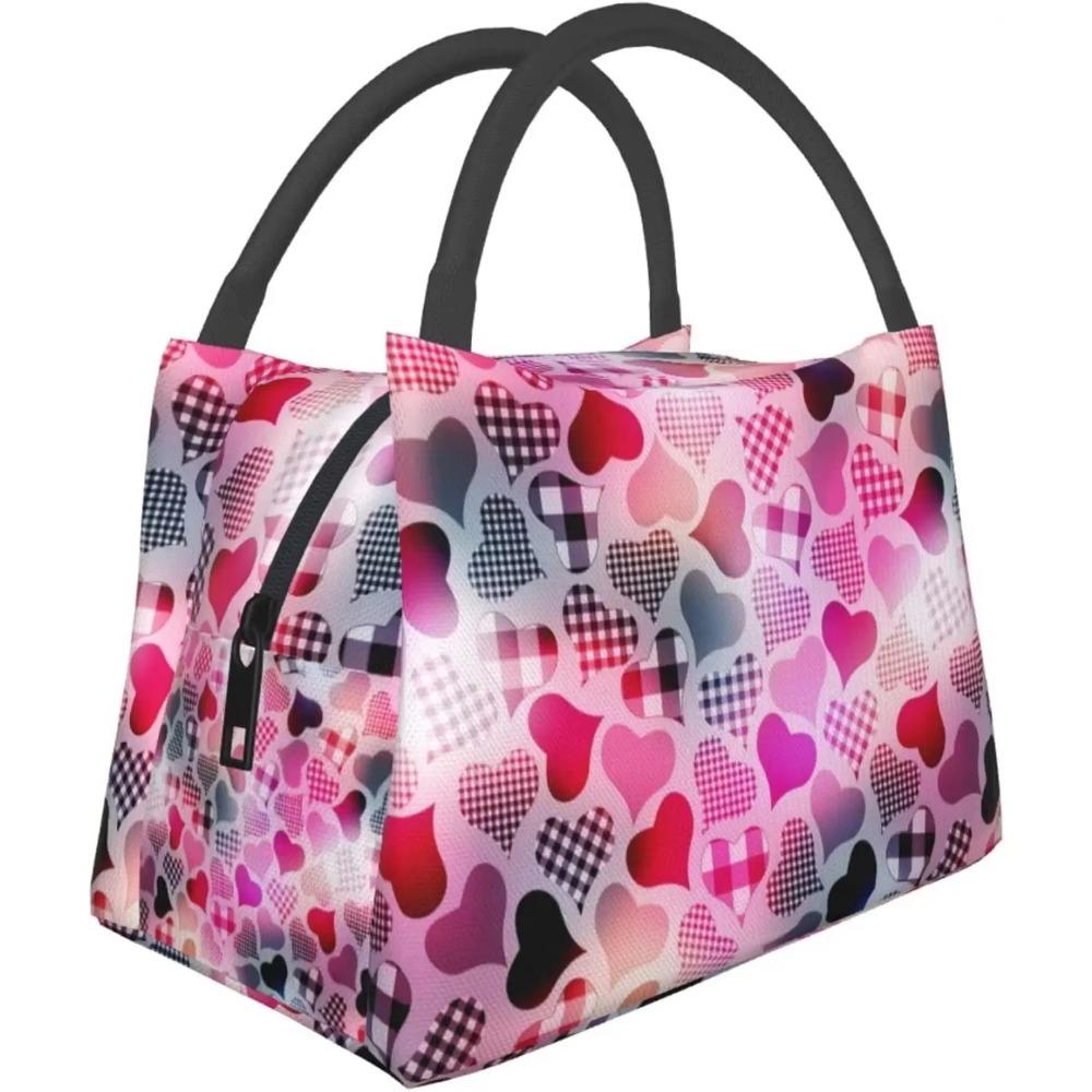Red Heart Pattern Valentine's Day Lunch Bag Portable Reusable Insulated Lunch Box for Women Men Tote Bag for Work Travel Picnic