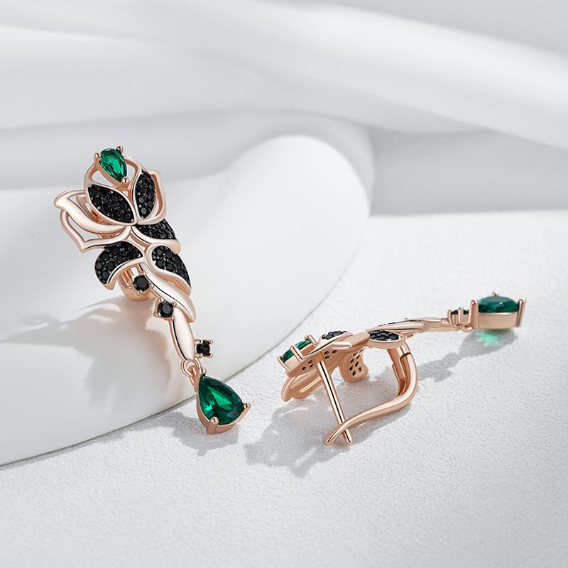 Green With Black Natural Zircon Flower Drop Earrings For Women  Rose Gold And Black Gold Plating Daily Fine Jewelry