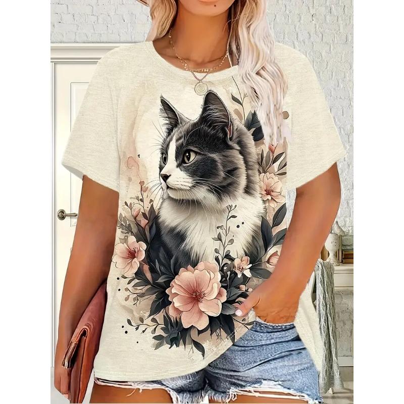 T-shirt Women Wolf Print Tees O Neck Loose Short Sleeve Blouse Female Fashion Animal Graphic Tops Harajuku Streetwear