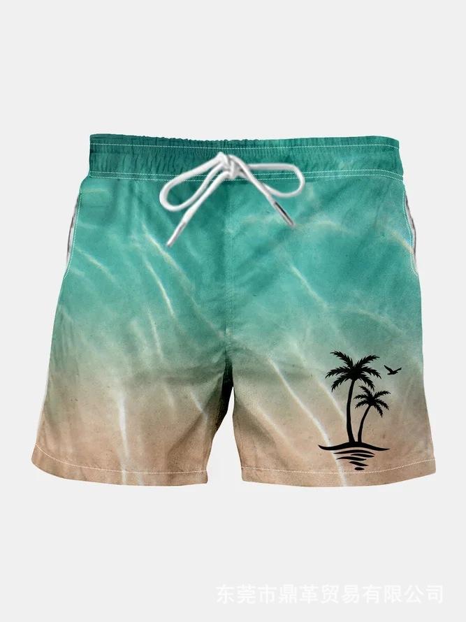 

Summer Beach Gradual Change Color Coconut Tree Drawstring Print Seaside Beach Casual Men S Shorts 4XL