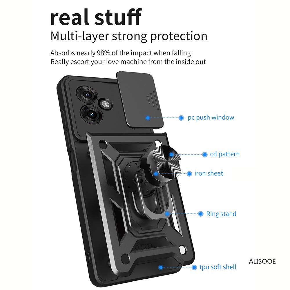 Kryt pro Motorola Moto G55 Pouzdro Armor Posuvná Ochrana Objektivu Fotoaparátu Zadní Kryt pro Motorola G55 5G Prstenový Stojan Nárazuvzdorné Funda