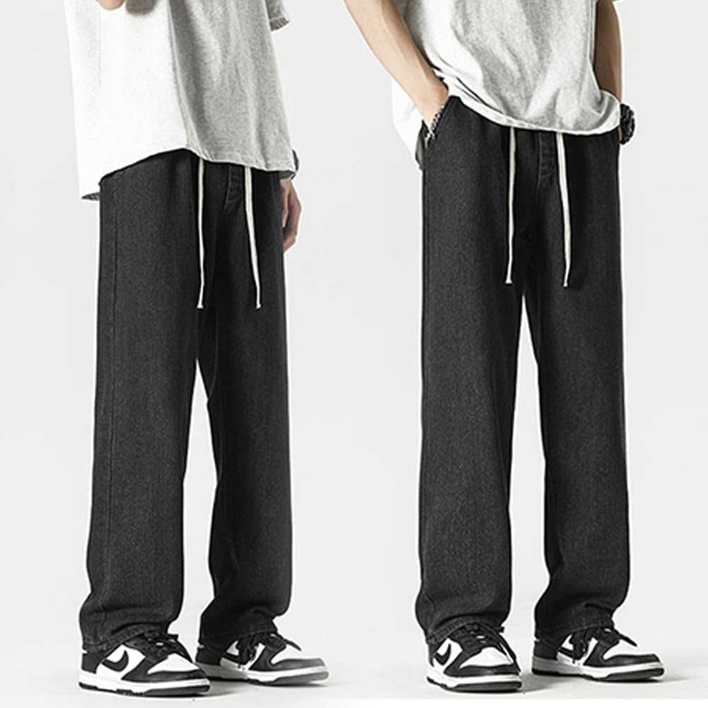 DOUBLE ART Men's Denim Pants, Plain Jeans, Baggy Pants with Drawstring, Easy Fit, Wide Leg Pants, Casual, Loose Fit, Sizes S-3XL (XCNZK02-Black-L)