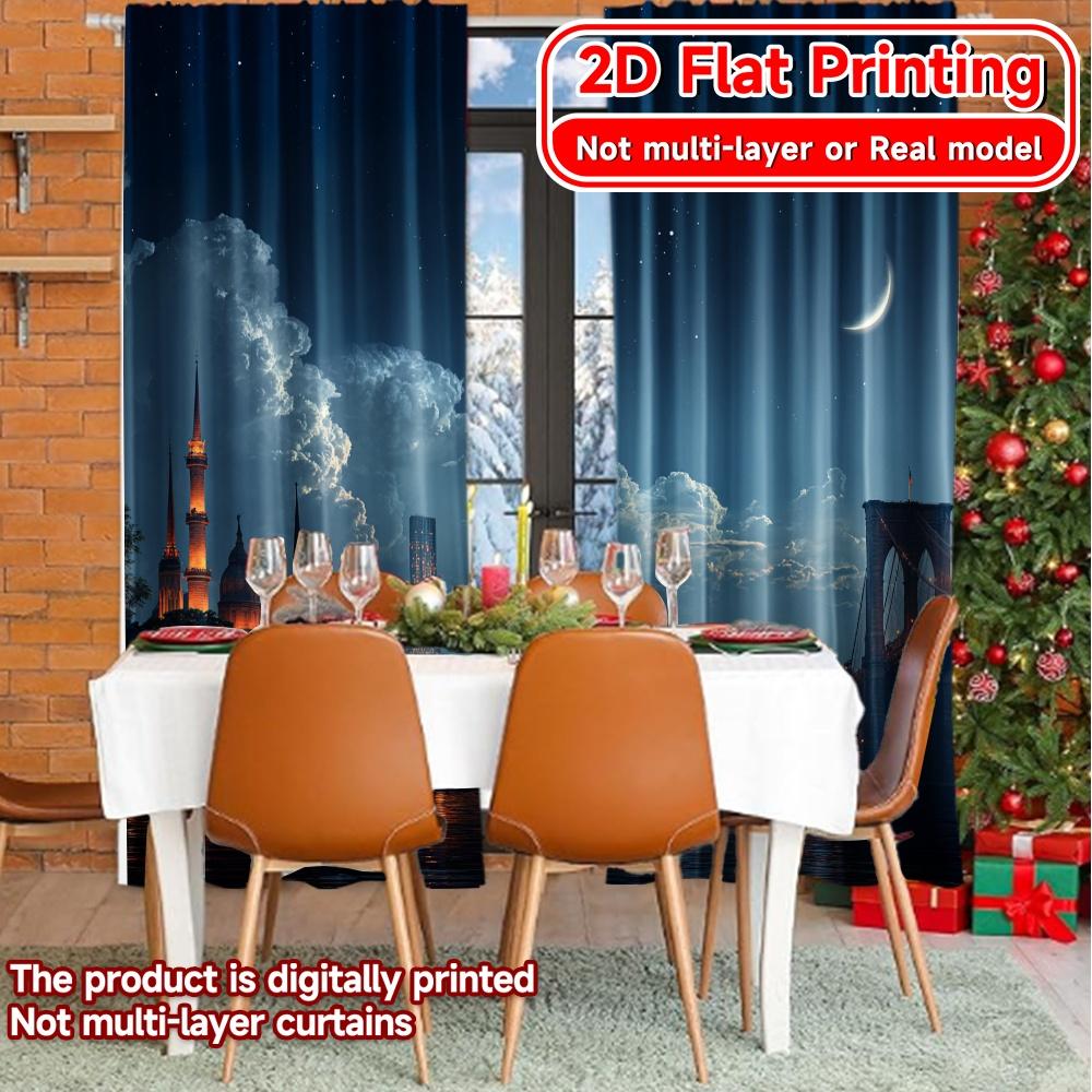 Set Of 2 Flat Printing Curtains Without Rod Cityscape Night View Easter Holiday Digital Polyester Easy Made