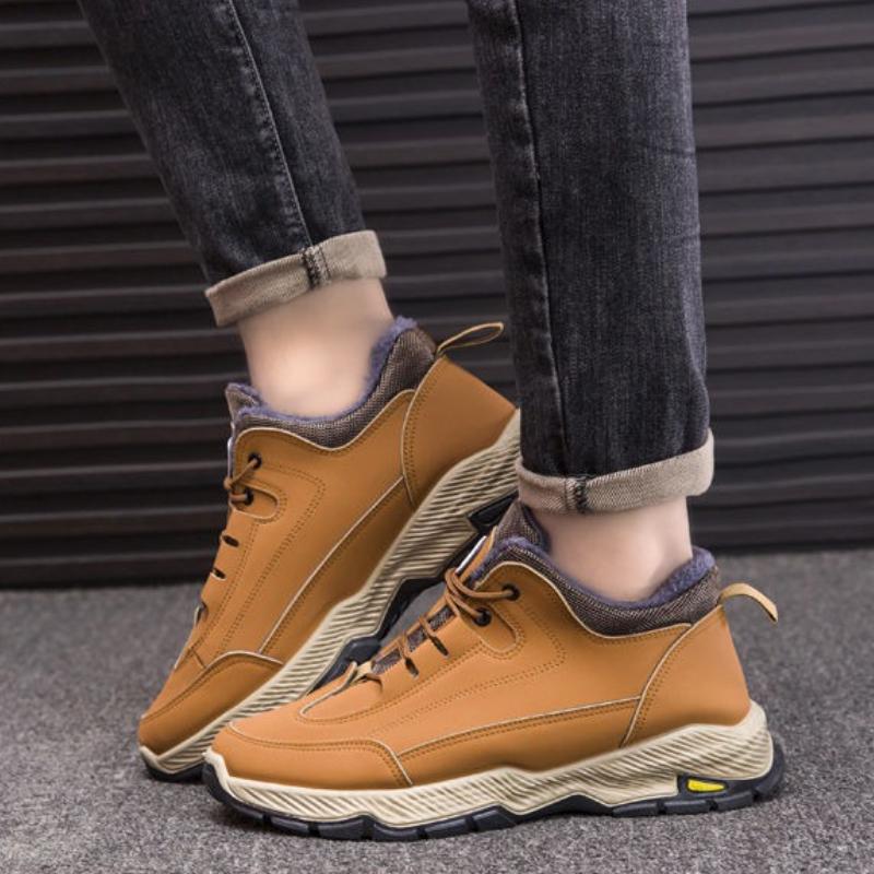 Winter New Men's Thickened Fleece Lined Leather Waterproof Snow Casual Sports Shoes Versatile Lace Up Anti Slip Cotton