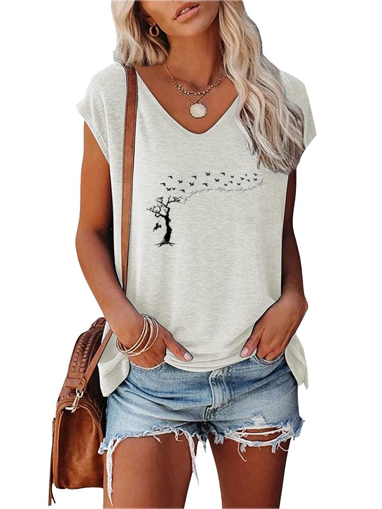 Women Fashion T-shirt Summer V Collar Print Short Sleeve Top Ladies Casual Tee Shirt
