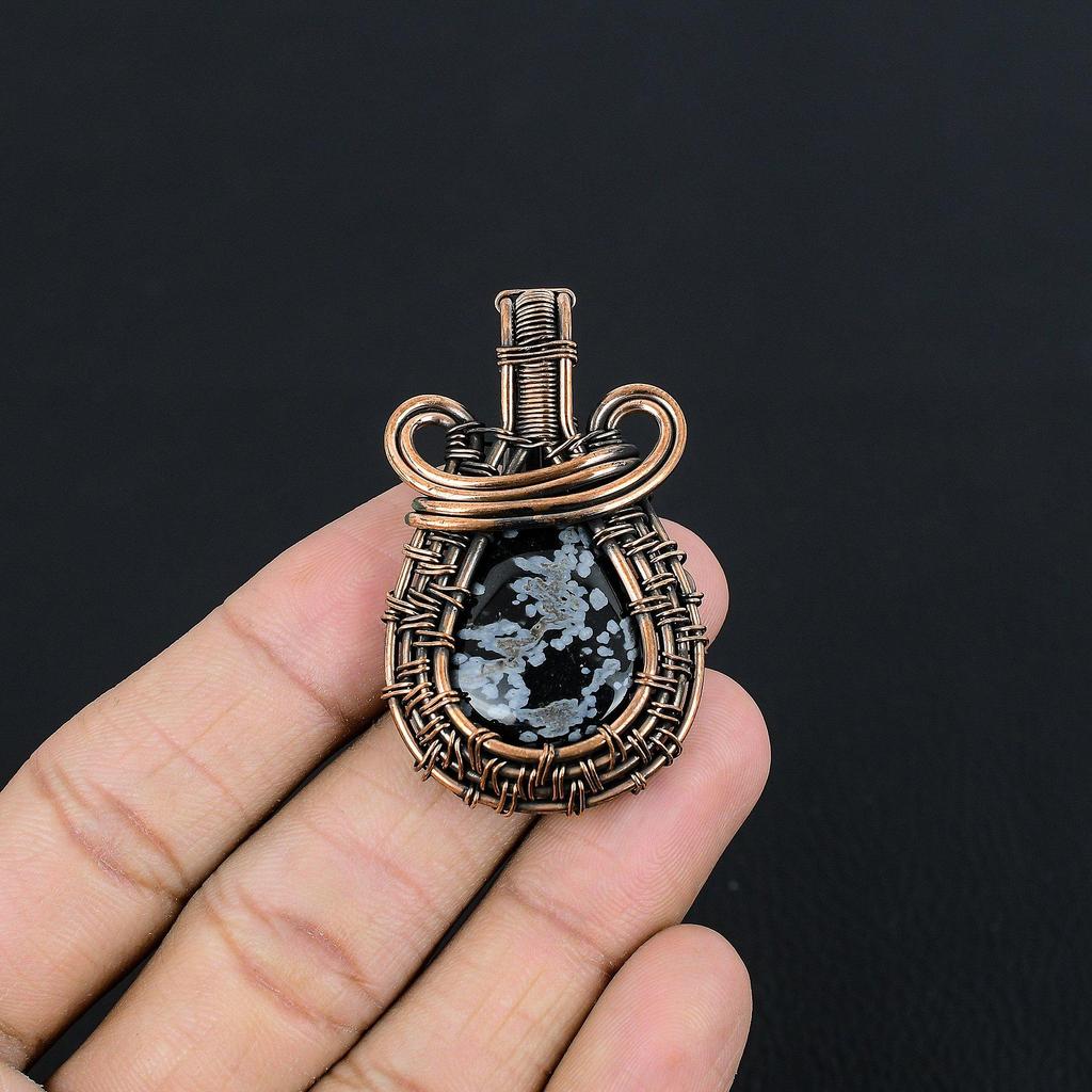 Snowflake Obsidian Pendant Gemstone Jewelry, 999 Copper Wire Wrapped Pendant, Gift For Women Handmade Pendant
