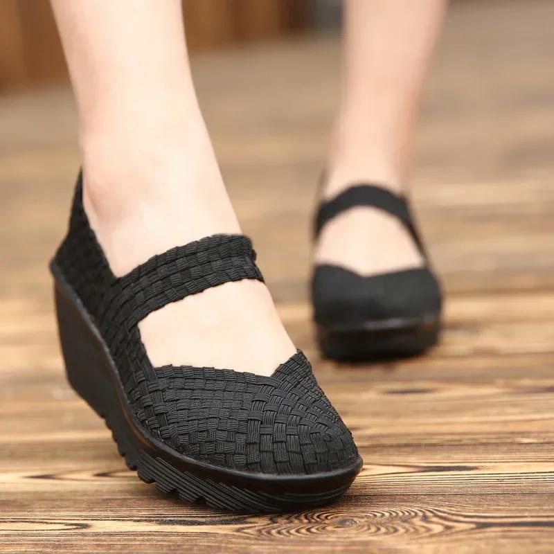 Keilabsatz-Plateau-Websandalen Mode Peep Toe Bequem Atmungsaktiv Mama-Schuhe Damen Casual Dicke Sohle Sandalias Mujer 2024