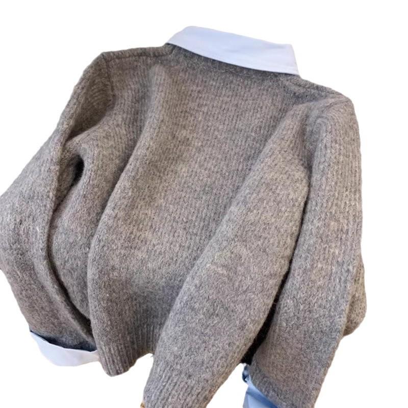 Women's Gray Color Block Layered Collar Sweater - Autumn Knit Top
