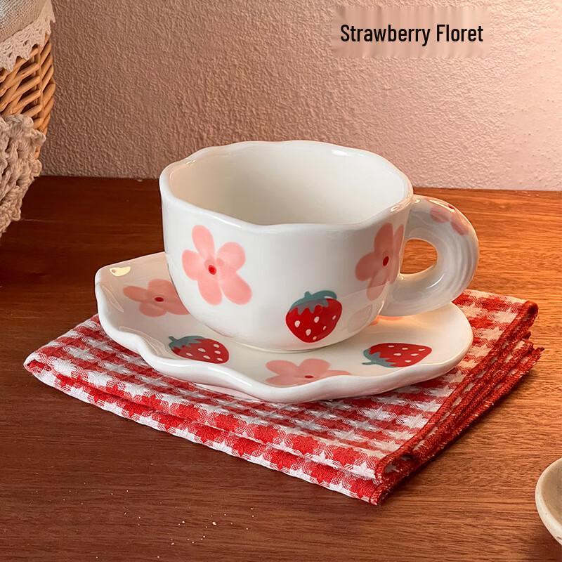 Hand-Painted Floral Ceramic Mug with Saucer