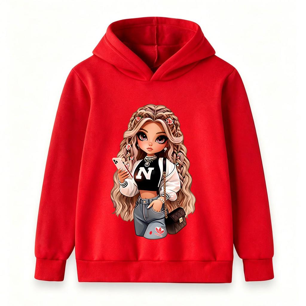 Kids Girls Boys Cute Cartoon Doll Print Pullover Hoodie, Cozy Long Sleeve Casual Sweatshirt For Daily Wear School Street Hip Hop Style Tops For