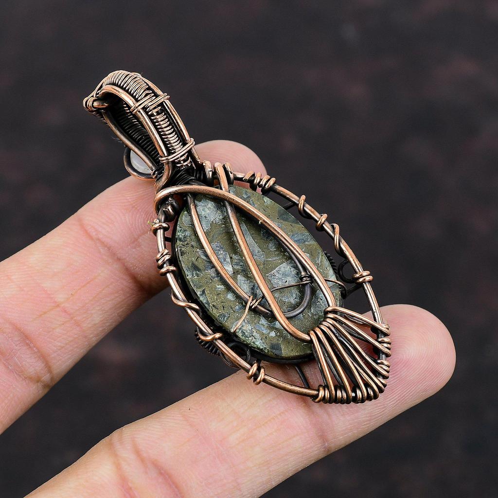 Evil Eye Copper Seraphinite Pendant Copper Wire Wrapped Gemstone Pendant Rainbow Moonstone Pendant Handmade Copper Jewelry Anniversary Gift