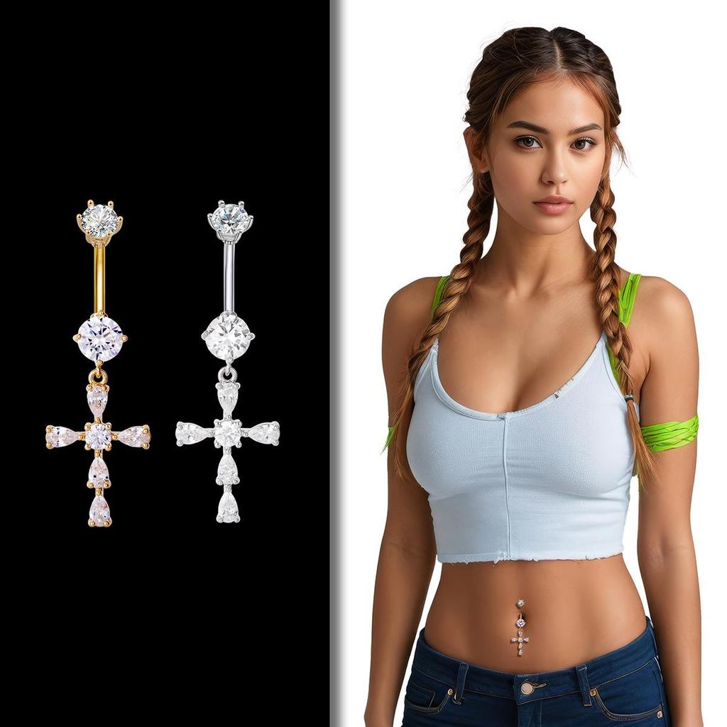 Ding Pei Zirconia Cross Navel Ring: New Style, Super Sparkle, Water Drop Design