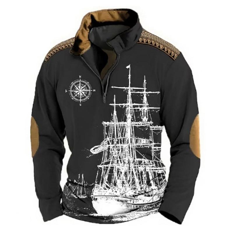 

Модное приключение под парусом 3D цифровая печать Ретро Мужская повседневная футболка-поло с длинным рукавом на молнии уличный тренд 2XL