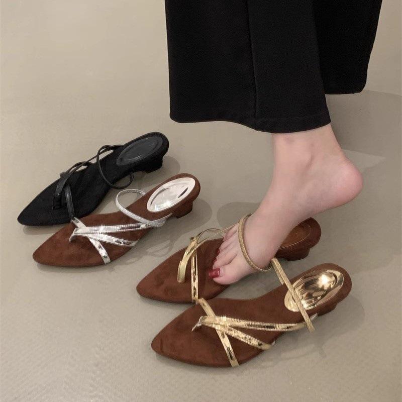 Coarse-heeled silver French pointed-toed strappy sandals fairy shoes 2025 new summer skirt toe Roman shoes
