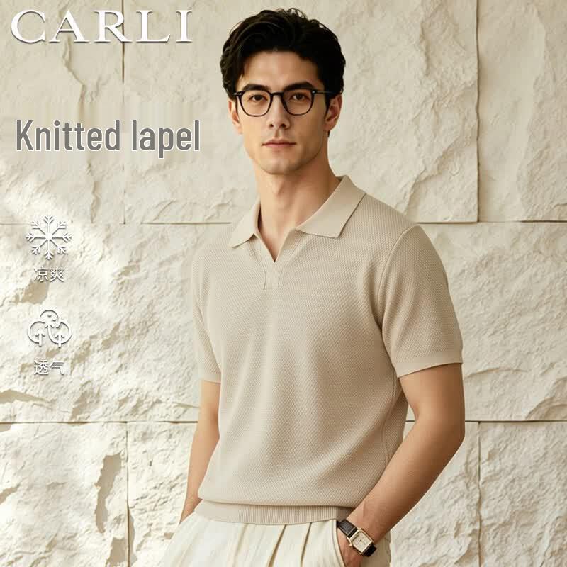 CARLI Men s Silk Blend Knitted Polo Shirt with Seagull Collar L