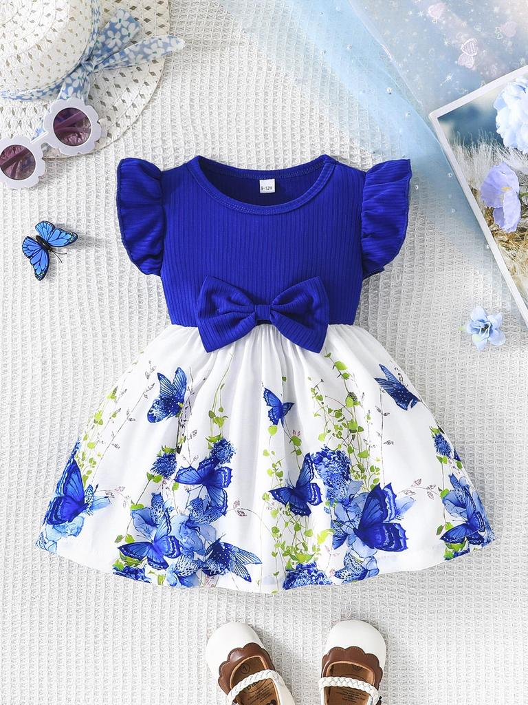 Infant Toddler Girl Floral Butterfly Dress, Ruffle Sleeve Bow Accent Dress, Casual Summer Outfit 6-36M