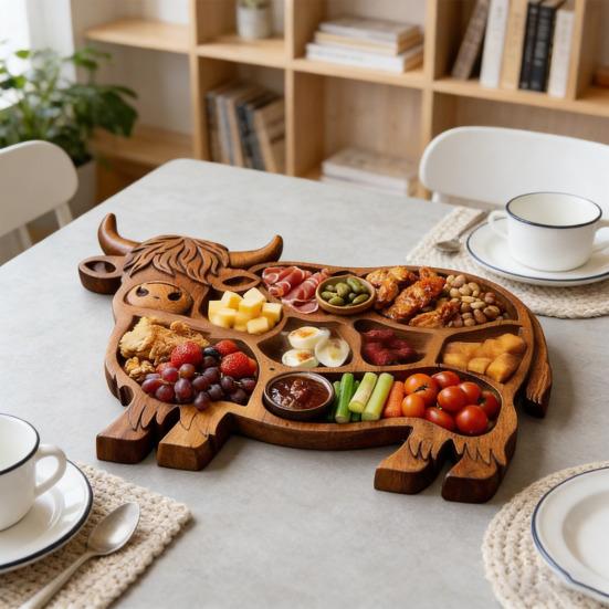 Dřevěná charcuterie deska s krávou z Vysočiny Roztomilý servírovací podnos ve tvaru krávy Rustikální farmářský talíř na jídlo s přihrádkami na sýr maso ovoce svačiny