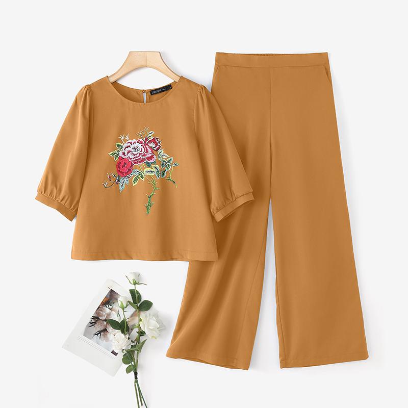 

ZANZEA Женский костюм из двух предметов с цветочной блузкой с рукавом три четверти и брюками, повседневный 5XL жёлтый