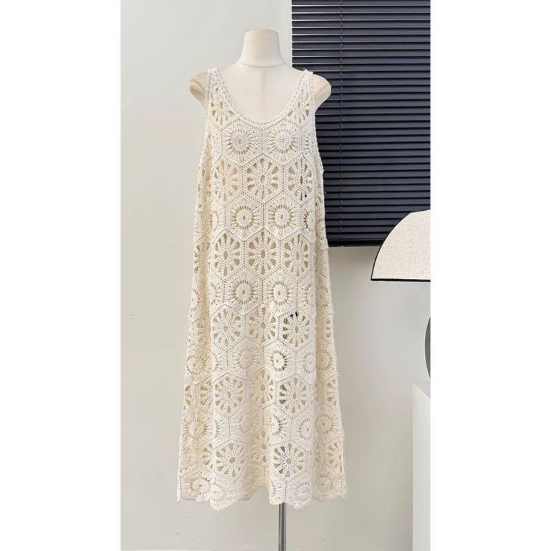 

Summer New Women s Clothes Crochet Retro Mori Style Bandage Dress Dress Cut Out Knitting A- line Dress Women s Sleeveless Suspender Dress Apricot color One size